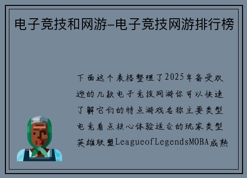 电子竞技和网游-电子竞技网游排行榜